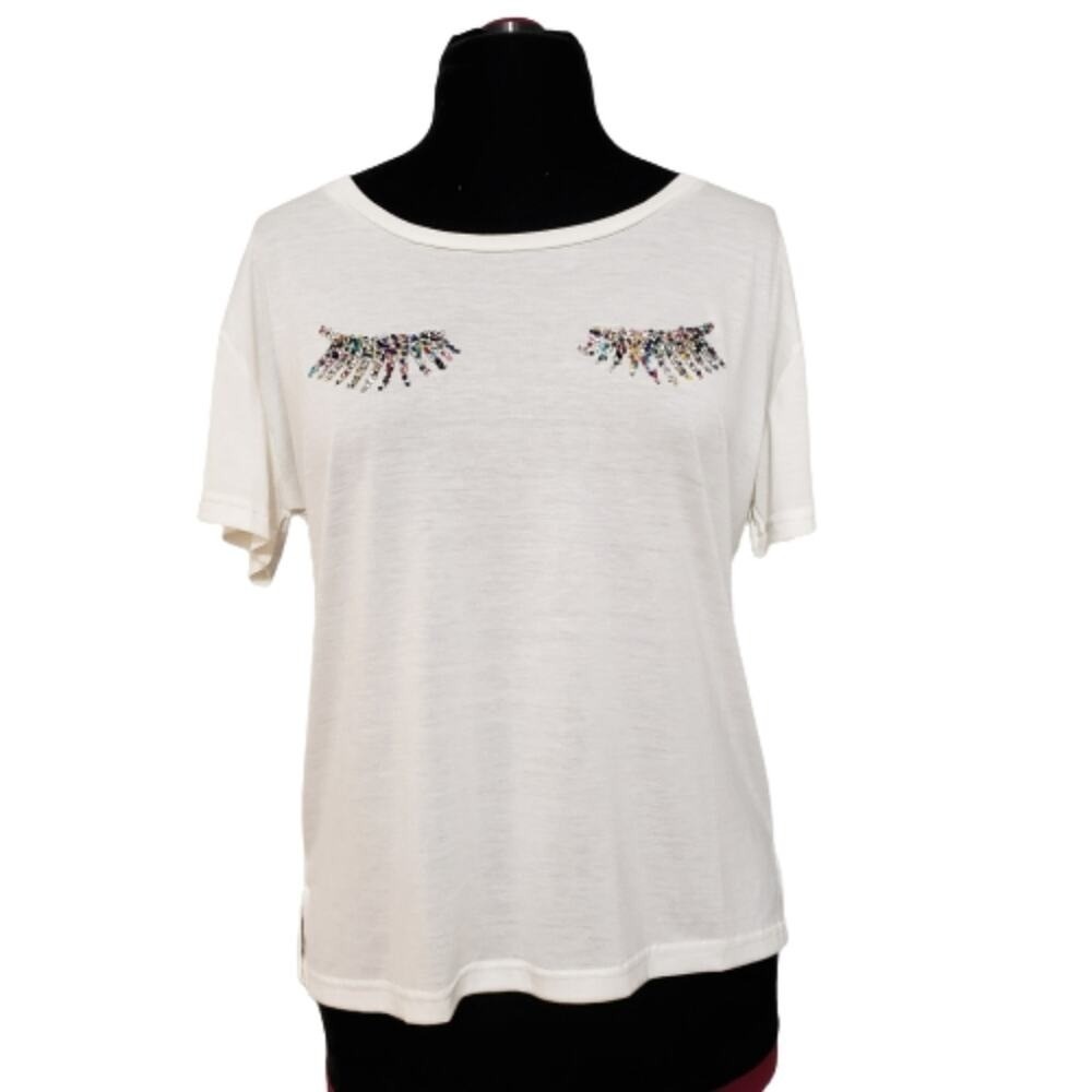 New Ellison White Eyelash Rhinestone Embellished Drop Shoulder‎ T Shirt Large